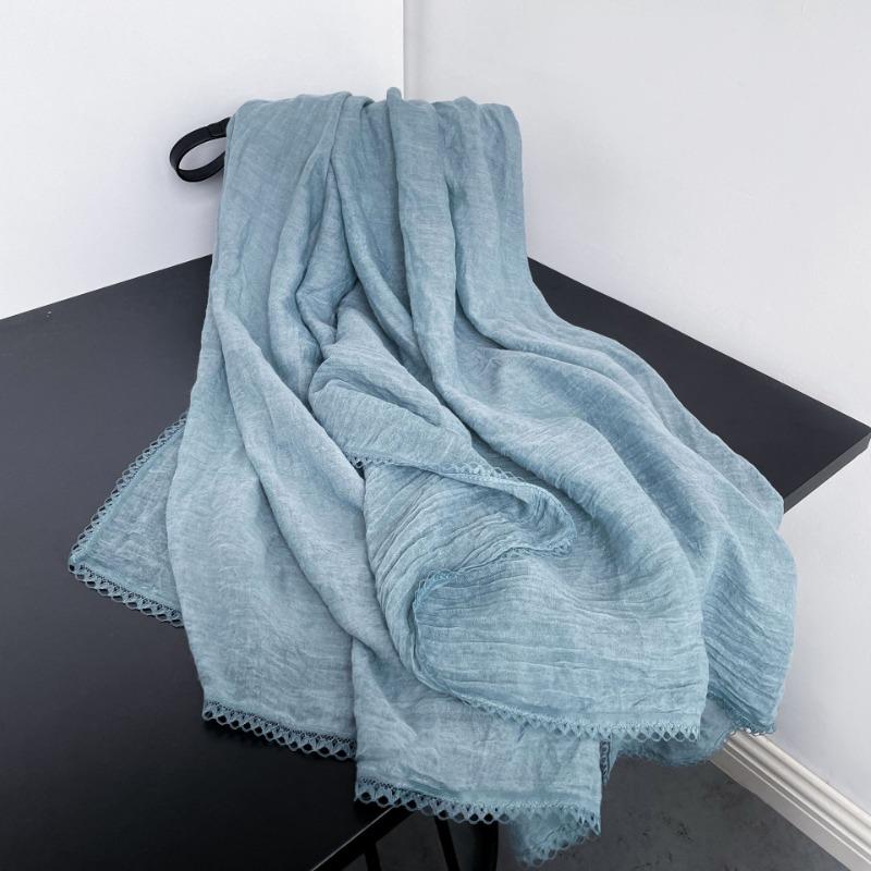 Spring New Lace Pleated Literary Yarn Thin Scarf, Women's Solid Color Cotton and Linen Silk Scarf, Neck Protection Scarf