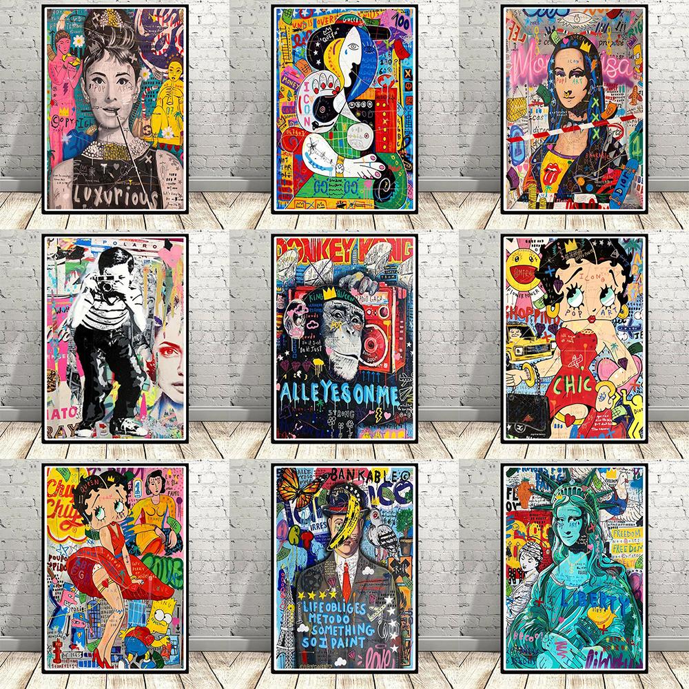 Street Graffiti Style Wall Art Poster Fashion Mona Lisa Lady Liberty Home Room Decor Canvas Painting Mural Picture Print Artwork