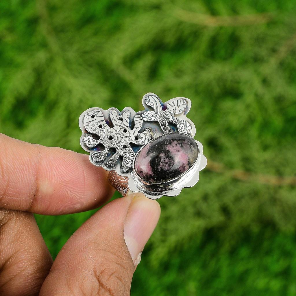 Gift For Women Solitaire Adjustable Ring 925 Silver Natural Rhodonite Gemstone