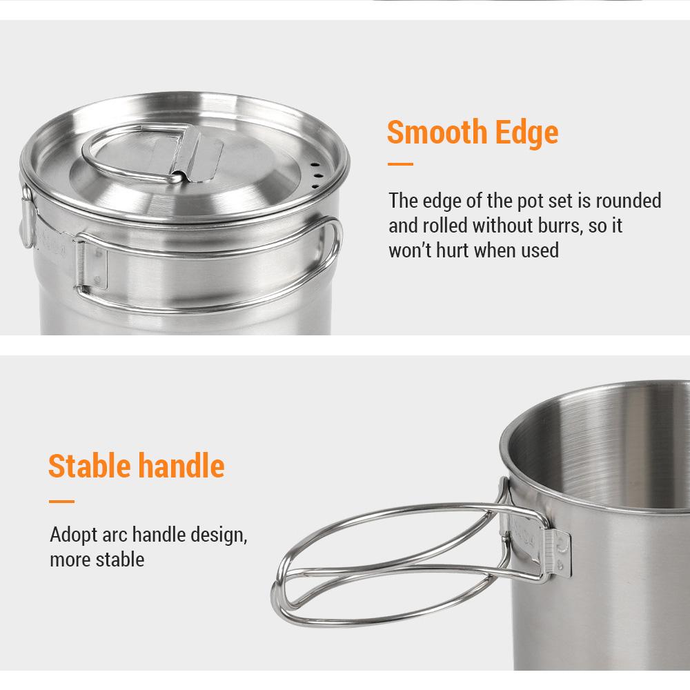 Stainless Steel Cookware Set Camping Cup Outdoor Portable Cooking Pot 2-3 People Camping Cookware