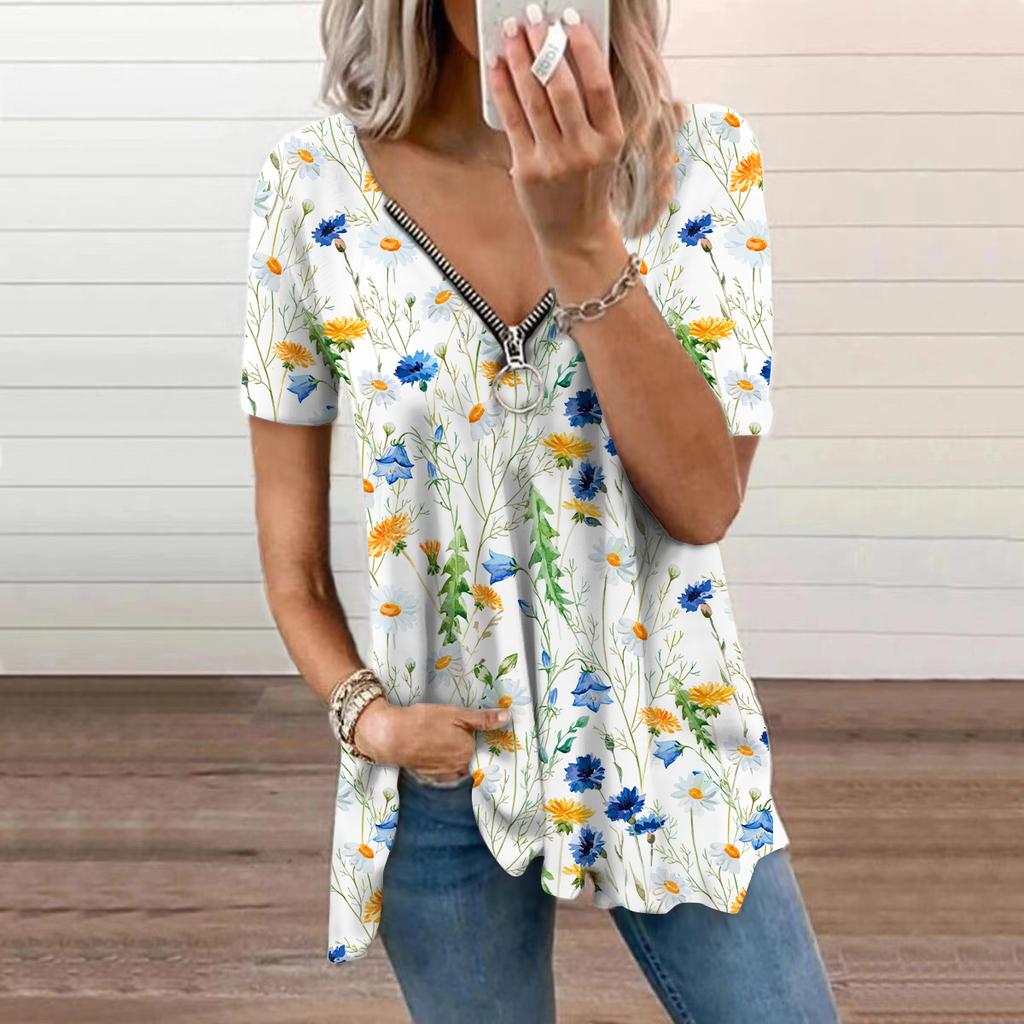 Женский топ, летний новый модный синий полый топ с цветочным принтом, повседневный топ на молнии с v-образным вырезом и короткими рукавами