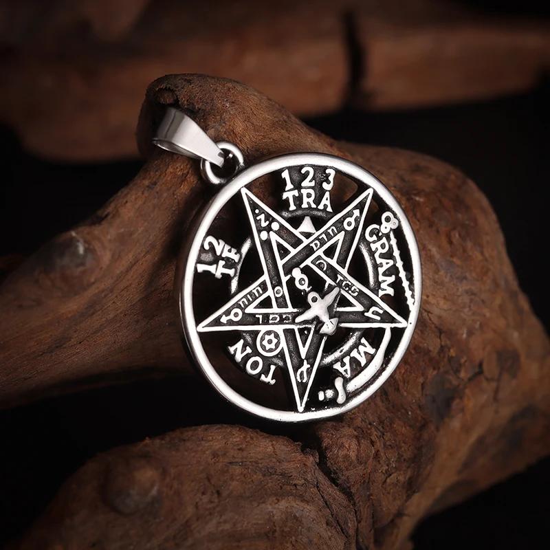 Stainless Steel Witchcraft Pentagram Pendant Men\\'s Jewish Hebrew Tetragrammaton Necklace Men\\'s Vintage Amulet Jewelry