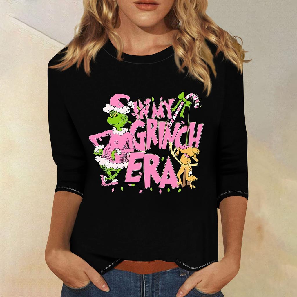 3/4 рукава топы для женщин футболка повседневные рождественские принты топы футболка круглый вырез пуловер блузка