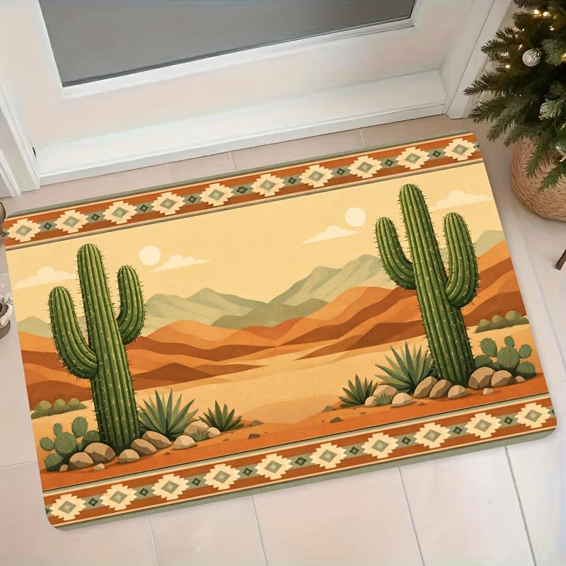 1pc Desert Cactus Flannel Floor Mat, Western Style Entryway Doormat, Absorbent Non-Slip Bathroom Bedroom Home Decor Foot Mat