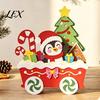 Natural Wood Crafts Christmas Wooden Cart Tabletop Decorations, Xmas Figurine Ornament with Snowman Table Decorations Elk Penguin, Festive Centerpiece