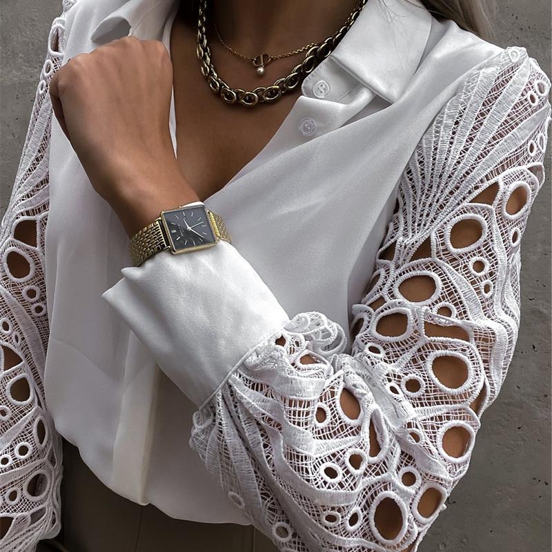 Womens Elegant V Neck Long Sleeve Blouse Shirt Floral Lace Patchwork Lady Tops