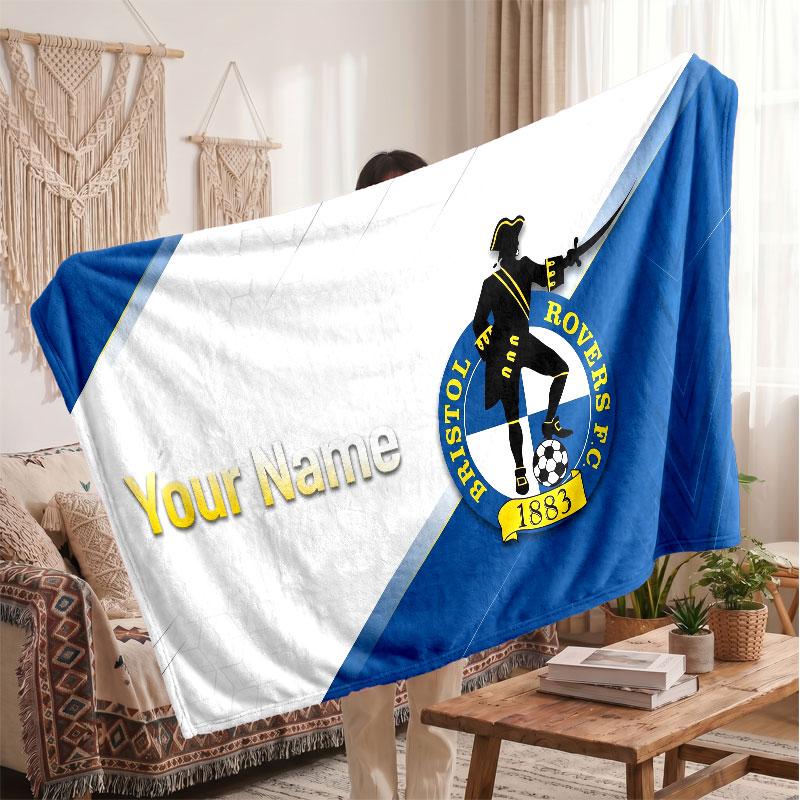 Bristol Rovers Personalized Fleece Blanket With Football Logo, Custom Name Text Soft Warm Home Throw Blanket