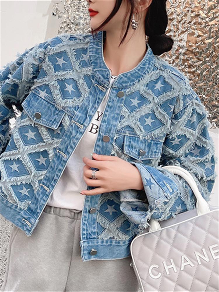 Джинсовая куртка с геометрическим рисунком для женщин, новая модная осенне-зимняя джинсовая куртка с длинными рукавами, уличная однобортная куртка