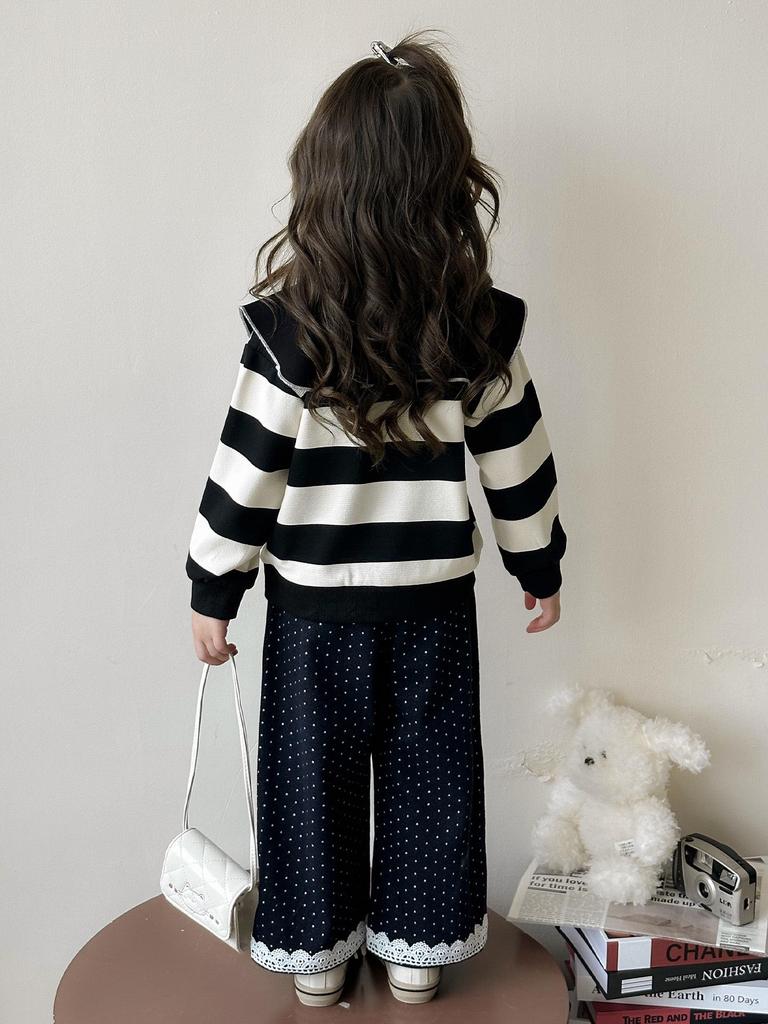 Girls' Striped Doll Collar Sweatshirt & Polka Dot Pants Set - Spring/Autumn 2025 Fashion for Small/Medium Children