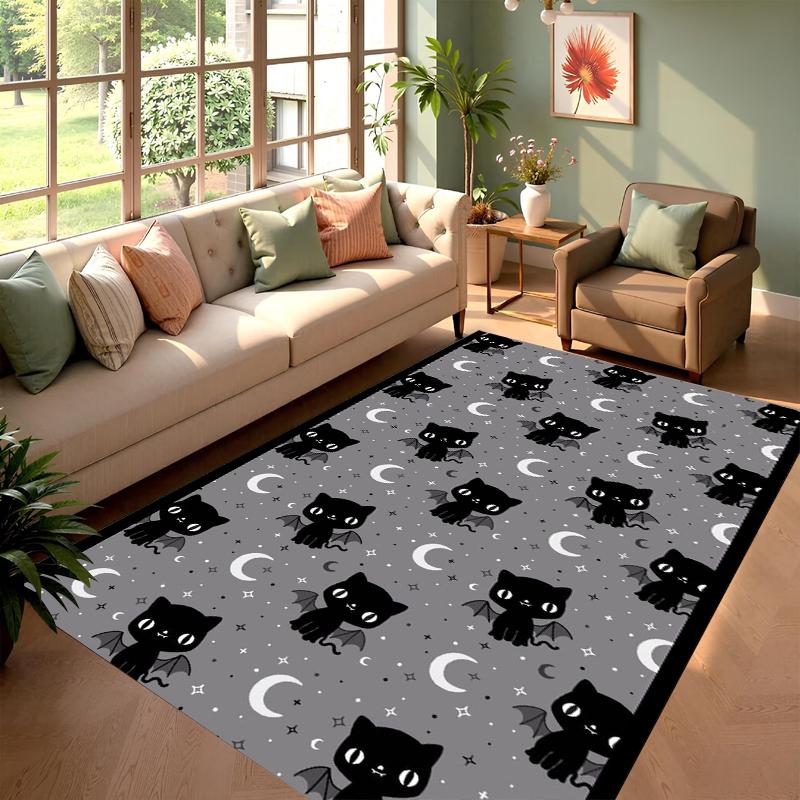 Cute Goth Black Cat Area Rug Carpet Non Slip Washable Floor Mat & Doormat Whimsical Decor for Living Room Bedroom Kawaii Rug