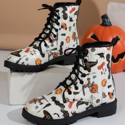 Европейско-американские женские ботинки на Хэллоуин 2024 Осень Новая коллекция Передний ремешок Принт Большой Дизайн Чувство Женские Короткие Ботинки