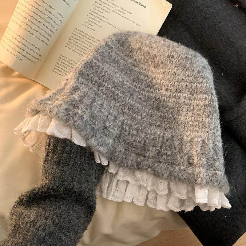 Lace Knitted Bucket Hat Women'S Autumn And Winter Street Sweet Versatile Outdoors Warm Casual Big Head Bob Cap