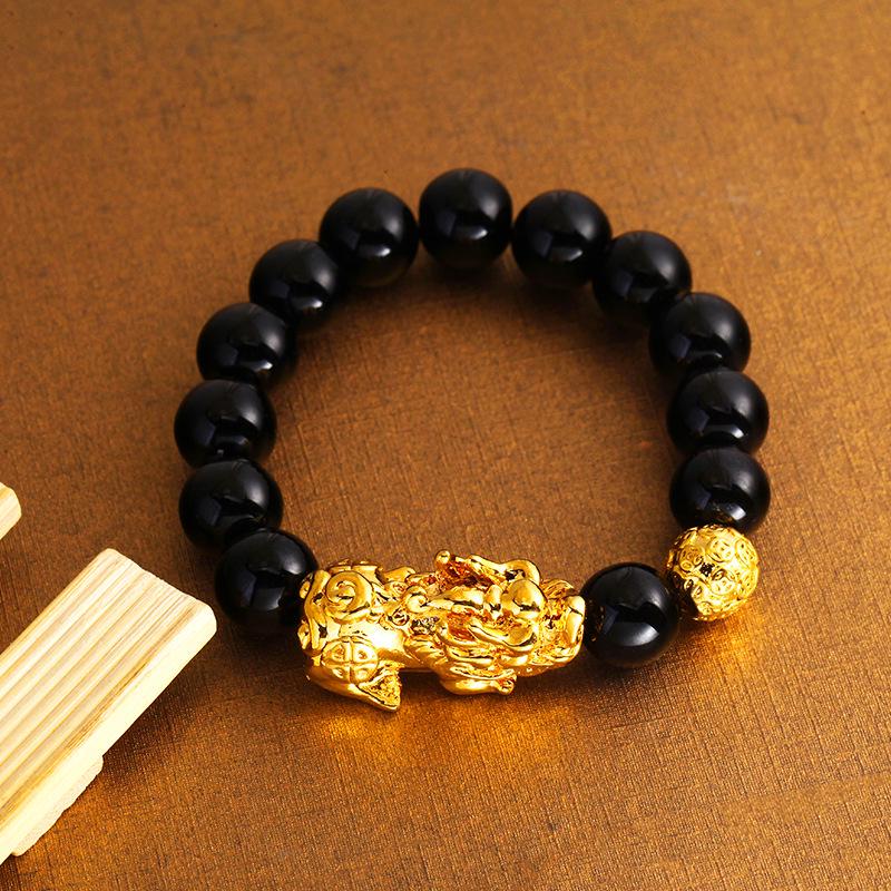 Agate Pixiu Bracelet with Mantra Beads - Gold-Plated Beaded Bracelet for Men and Women