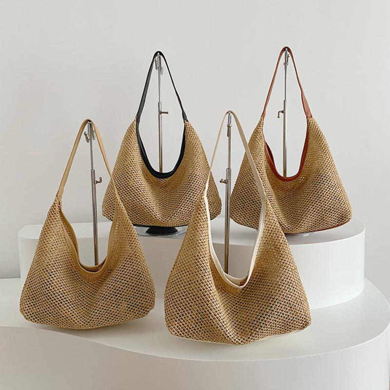 Straw Bucket Bag for Women Handwoven Woven Shoulder Bag Casual Underarm Tote Large Capacity Solid Color for Vacation and Daily Use