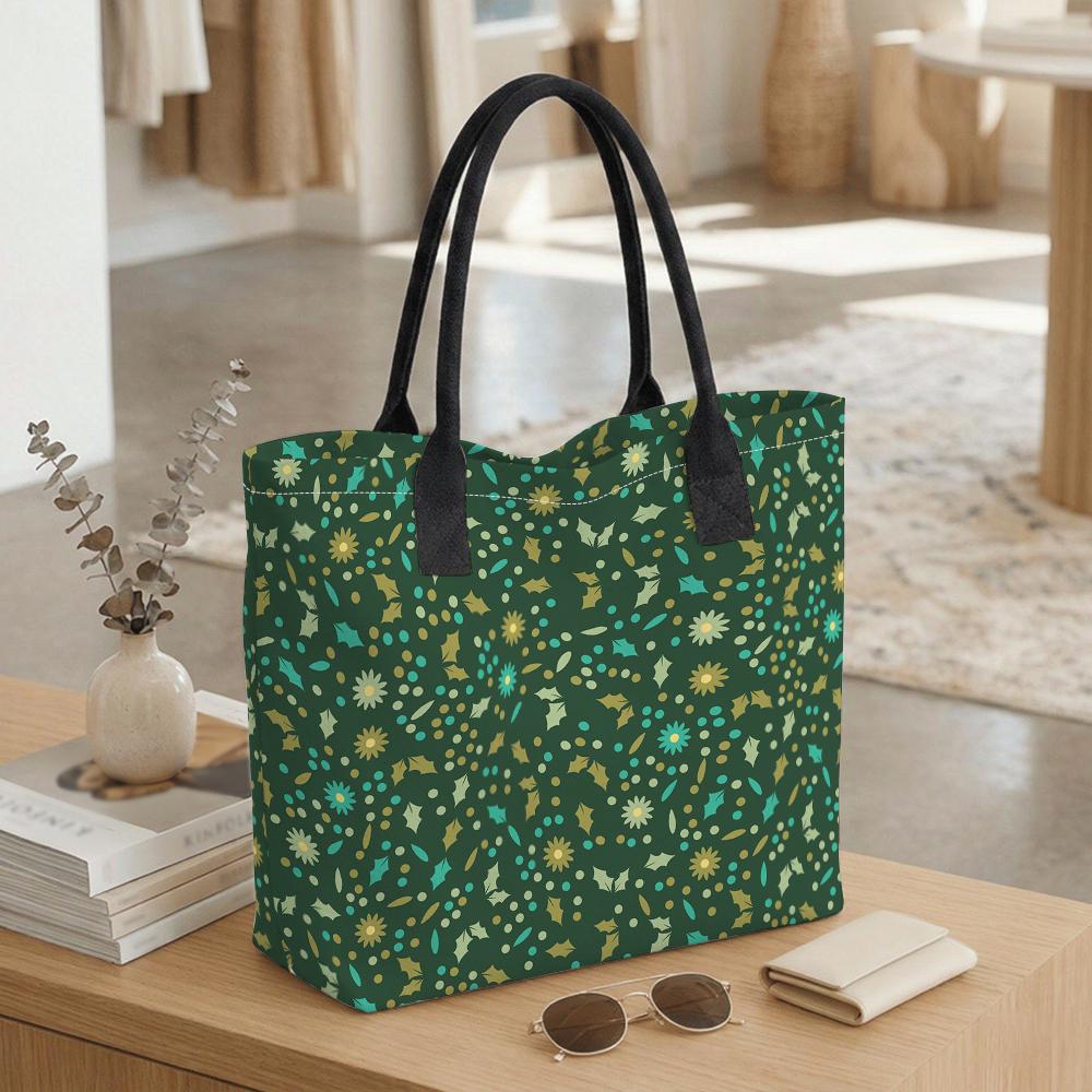 Green Floral Print Canvas Tote Bag Casual Large Capacity Daily Shopping Shoulder Bag for Women