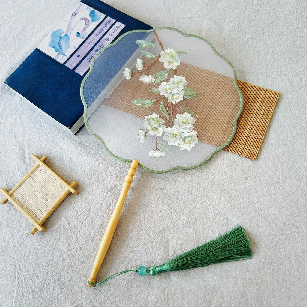 Embroidery Round Fan Classical Long Handle Group Fan Dance Fans Photography Props Home Decor