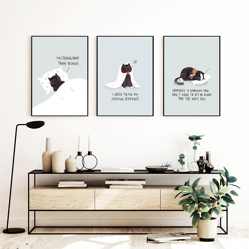 Забавные черные кошки настенные художественные принты оставайтесь дома любите себя цитаты плакаты картины на холсте для гостиной домашний декор