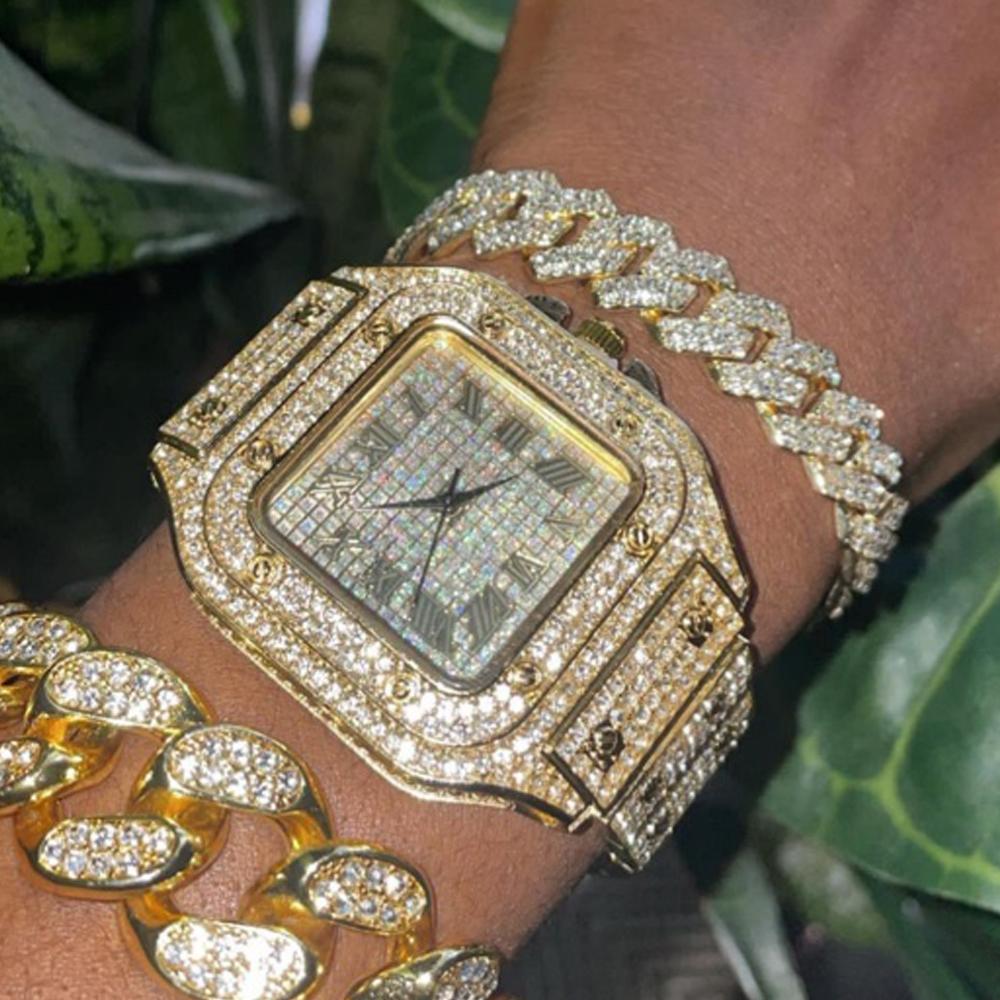 Ожерелье + часы + браслет хип-хоп 14 мм кубинская цепочка ожерелье для женщин и мужчин со стразами кубинская цепочка комплект рэпер ювелирные изделия