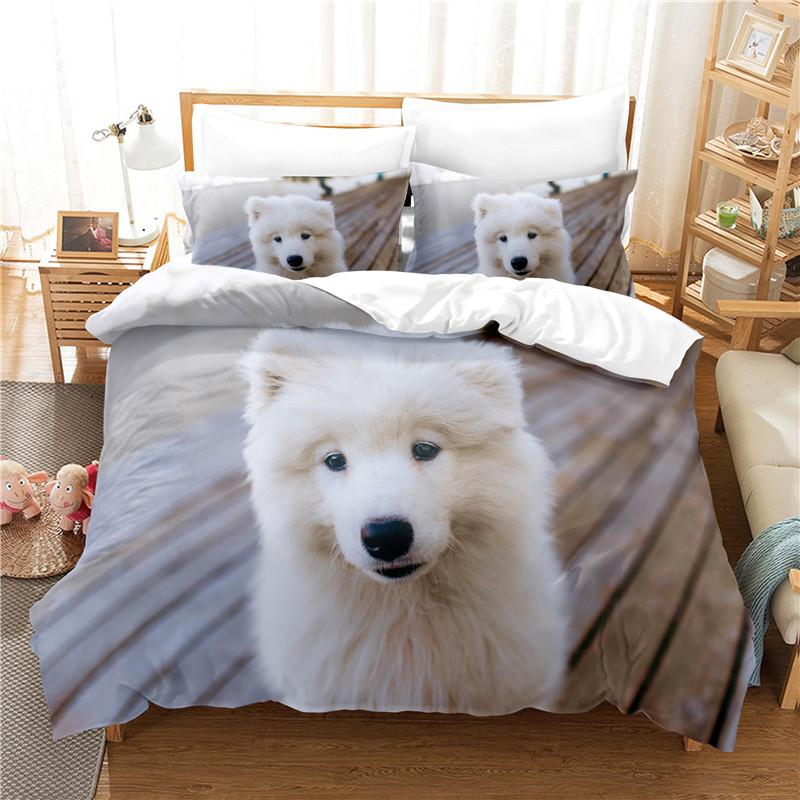 Dog Duvet Cover Set White Dog Animals Pattern Cute Kawaii Polyester Comforter Cover King Queen Size For Boys Girls Bedding Set