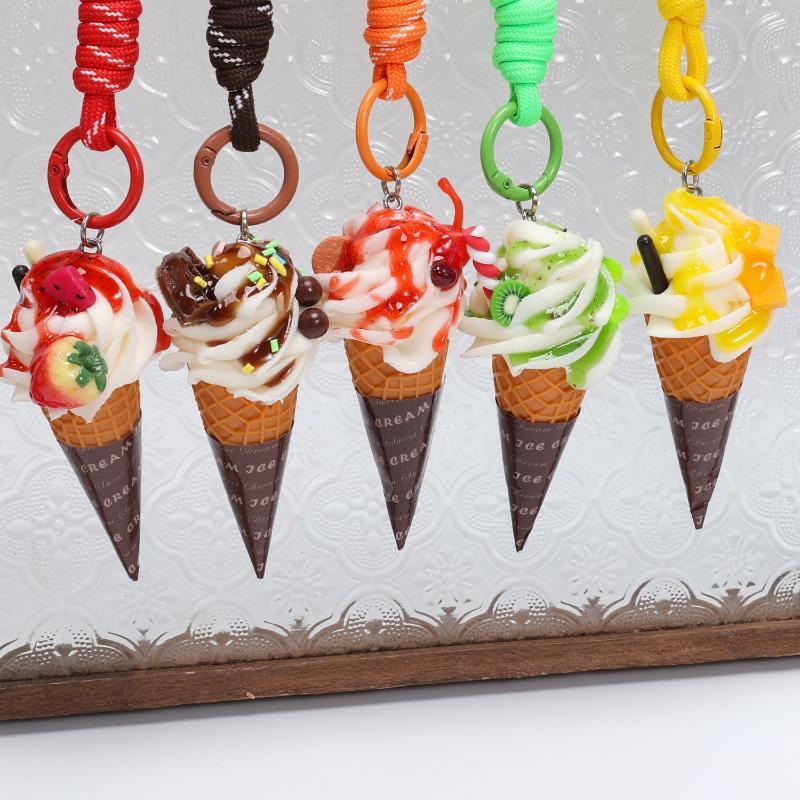 Simulation Ice Cream Cone Keychain Braided Lanyard Realistic Design Backpack Pendant Gift For Girls