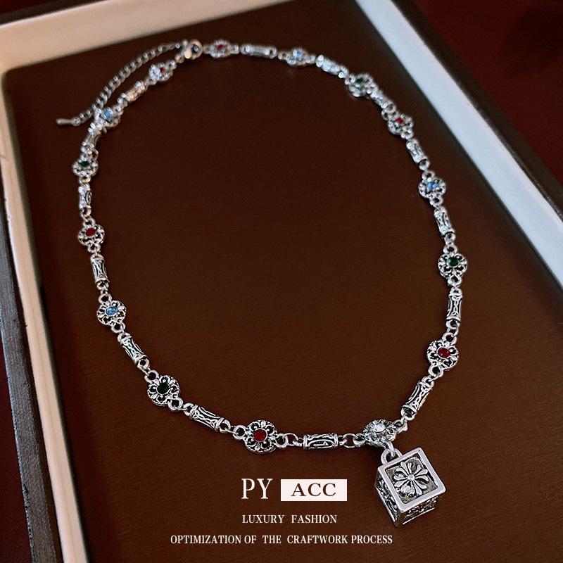 Cross-Border Square & Flower Necklace Mid-Ancient Minority All-Match Sweater Chain High-Grade Retro Elegant Jewelry