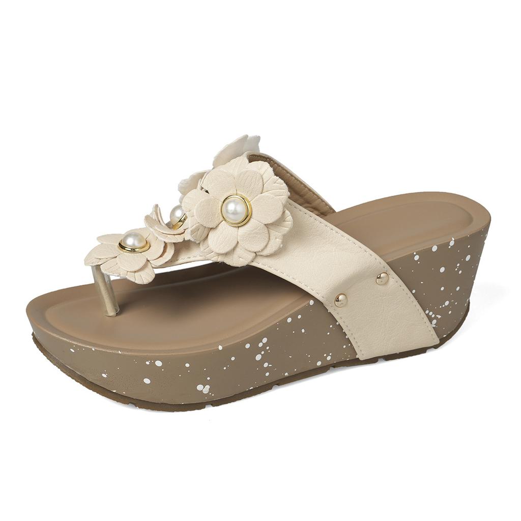 Внешняя торговля большой размер шлепанцы с цветком между пальцев большой размер повседневные на танкетке на плоской подошве женские сандалии шлепанцы