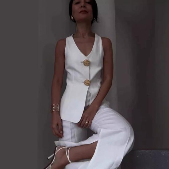 2 шт./комплект женский жилет брюки костюм V-образный вырез застегивается на пуговицы без рукавов топ широкие свободные брюки формальный деловой стиль пригородный наряд