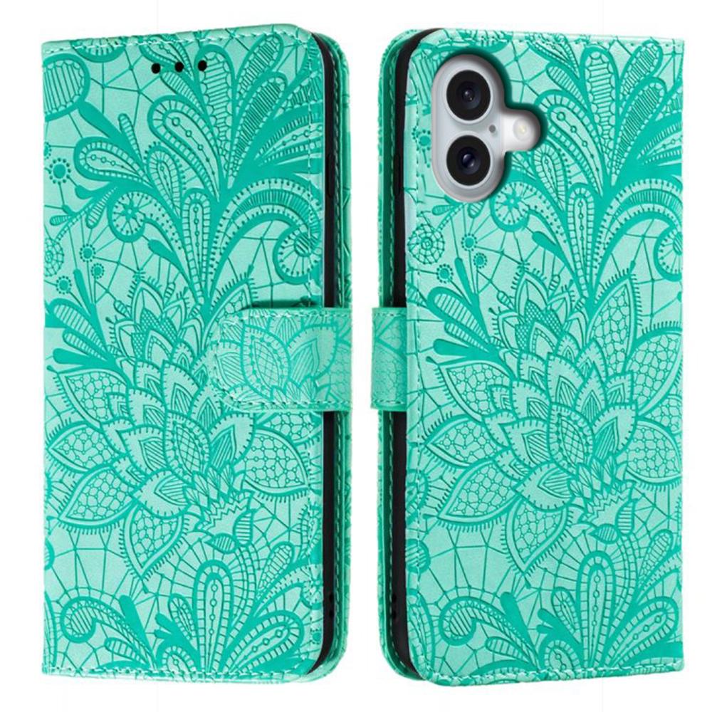 For iPhone 16 Case Lace Flowers PU Leather Flip Wallet Phone Cover - Grey