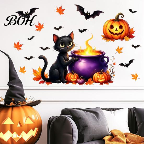 DIY Halloween Party Photo Props Cute Wall Decals, Black Cat Witch Bat Pumpkin Stickers, Fall Removable Festive Glass Window Stickers Peel & Stick Art