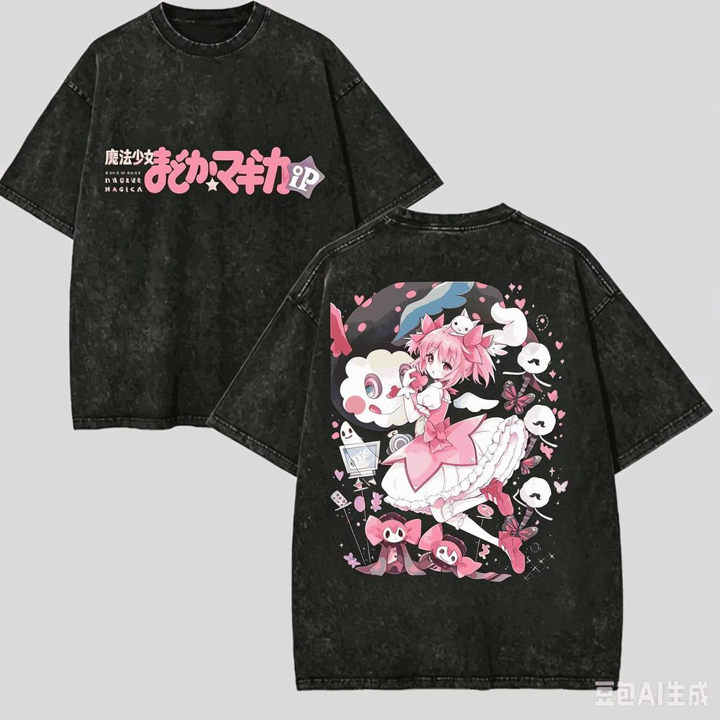 Винтажная стираная графическая футболка Puella Magi Madoka Magica Хлопок Короткий рукав Оверсайз Свободная Унисекс Мадока Аниме Уличная одежда Топы