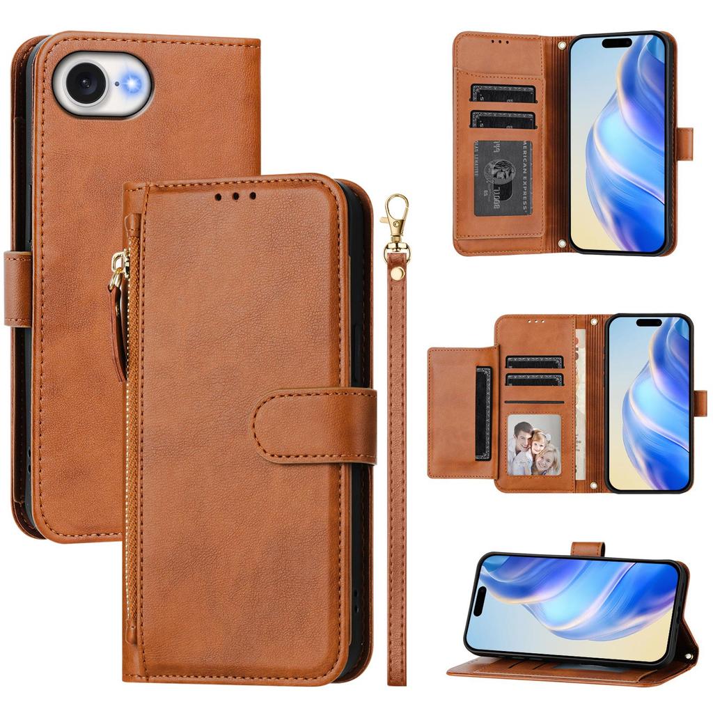 For iPhone 16e Case Zipper Pocket Multiple Card Slots Leather Phone Cover