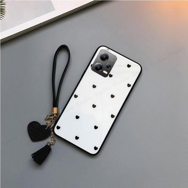 Чехол для телефона из закаленного стекла с рисунком сердца любви для POCO X5 Pro F5 M4 M5, чехол на ремешке с кисточками для Redmi Note 12 4G 5G 12C 12Pro Plus