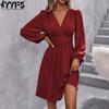 Women's Fashion Spring Fall Solid Color Print Long Sleeve V-Neck High Waist Casual Dresses