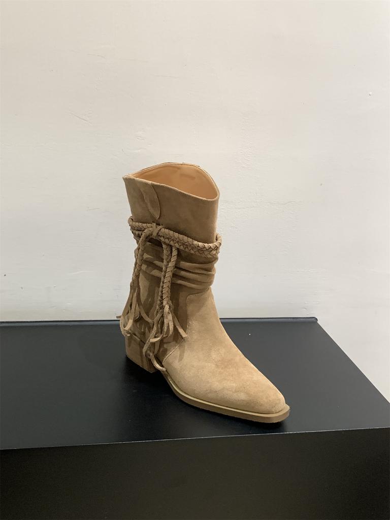 Винтажные замшевые коричневые короткие ботинки с V-образным вырезом, облегающие ботинки, женские ботинки 2025 весна-осень, высокий каблук, острый носок, средняя высота голенища, ботинки Мартин