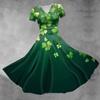 Women's V-neck St. Patrick's Day Printed Waisted Shirred Short Sleeve Dress