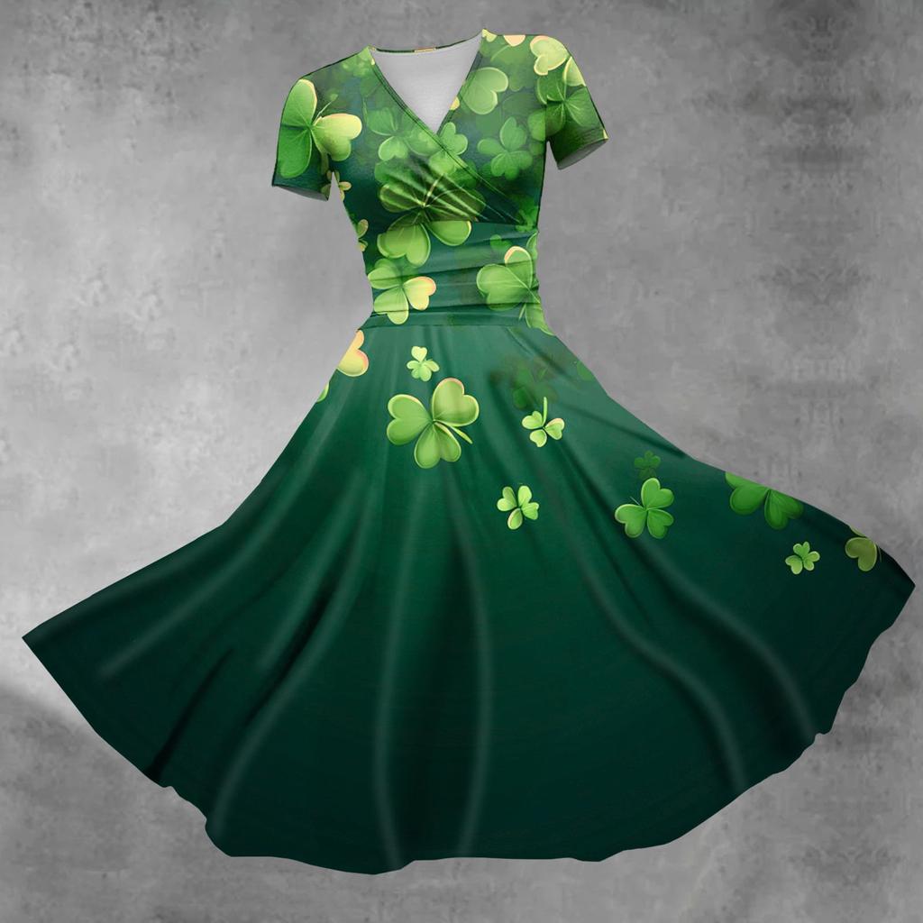 Women's V-neck St. Patrick's Day Printed Waisted Shirred Short Sleeve Dress