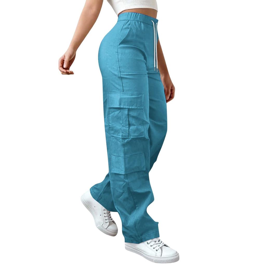 Womens Elastic High Waisted Cargo Pants Stretch Casual Wide Leg Streetwear Parachute Hiking Pants With Pockets
