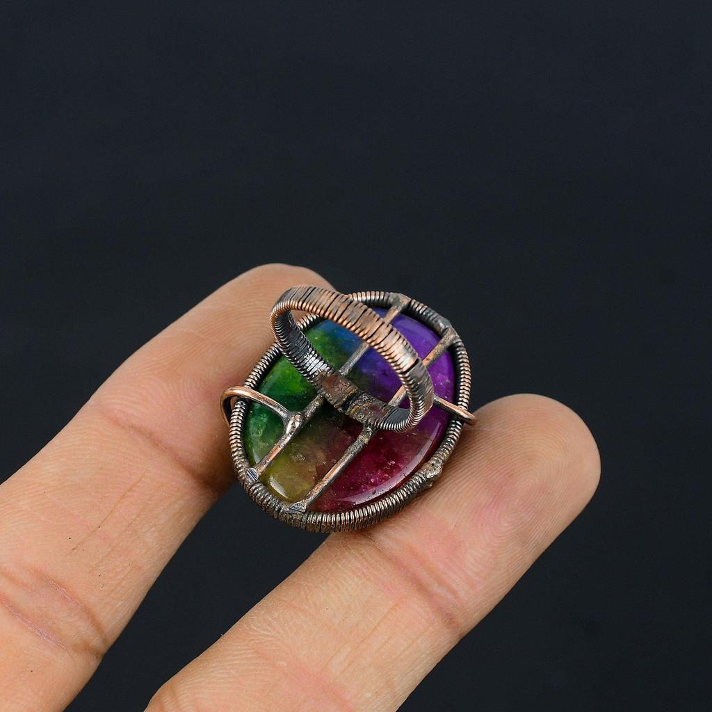 Rainbow Solar Quartz Gemstone Copper Wire Wrapped Handmade Jewelry Ring For Her All Size