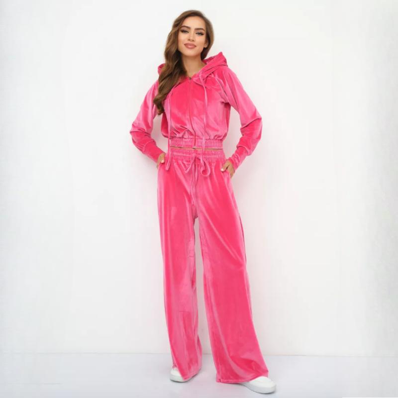 Женский повседневный спортивный костюм из 2 предметов однотонный велюровый кардиган на молнии с капюшоном с длинным рукавом + брюки с широкими штанинами на эластичной талии