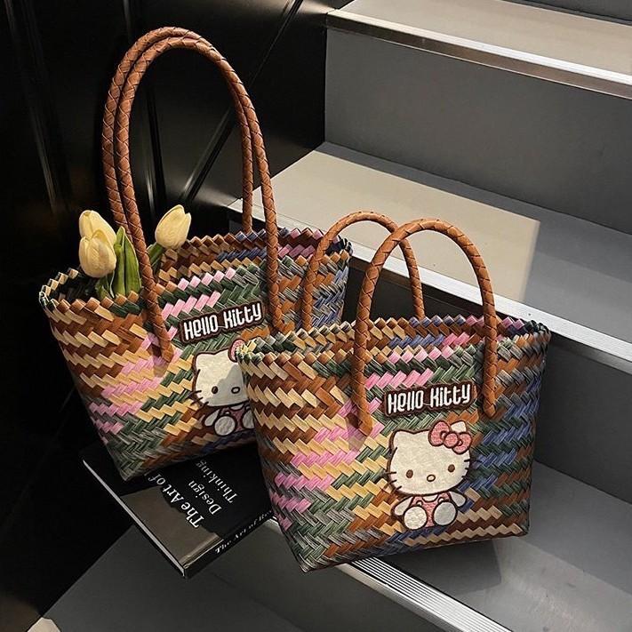 Сумка-ведро Hello Kitty из плетеного материала для повседневной летней носки