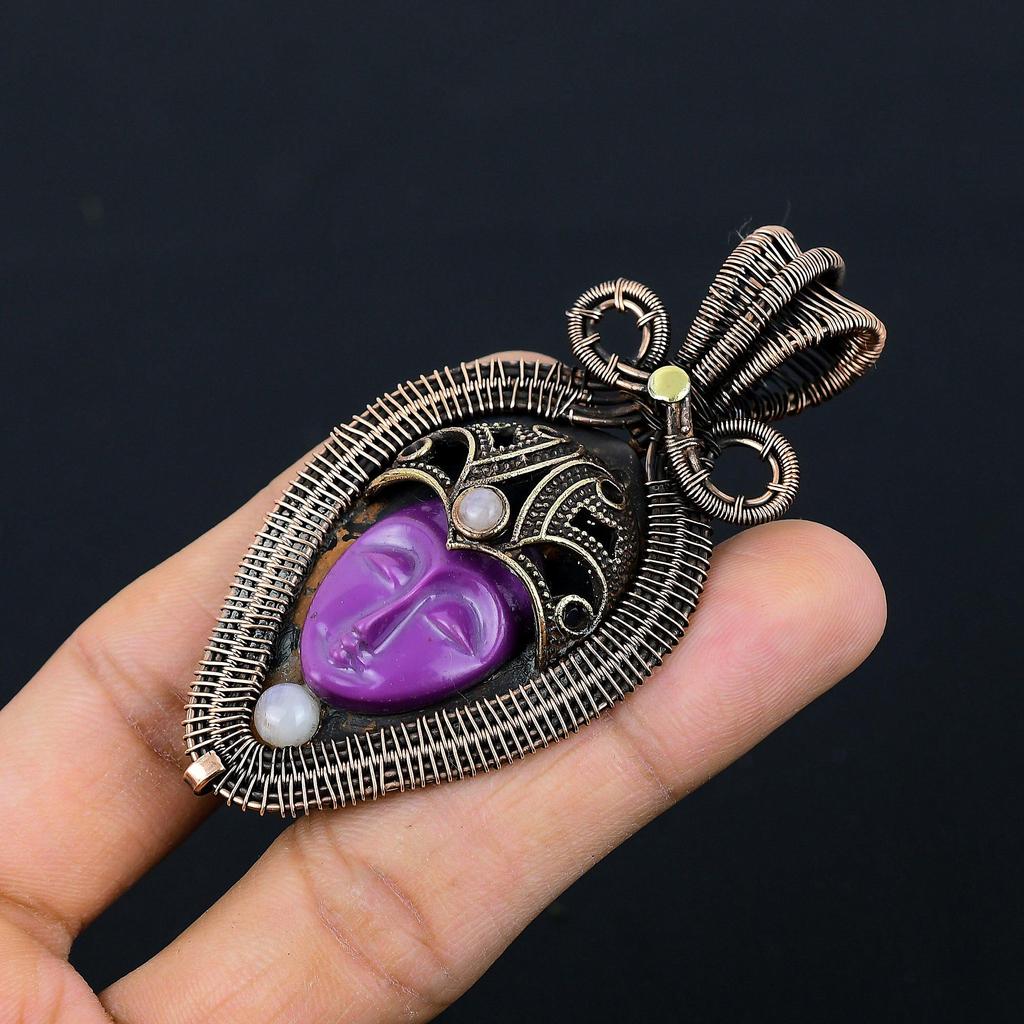 Резная кость лицо драгоценный камень чистая медная проволока обернутая дизайнерская подвеска ручной работы ювелирные изделия для нее