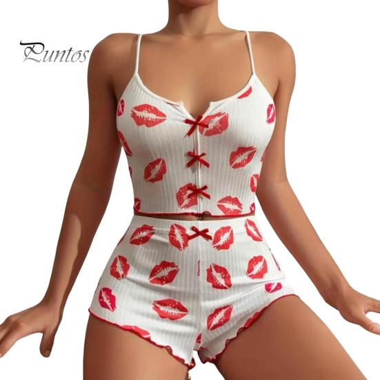 2 Pcs/Set Women Summer Pajamas Suit Butterfly Heart Printing Sleeveless Backless Cop Top High Waist Mini Shorts Daily Nightie Slim Fit Sleepwear