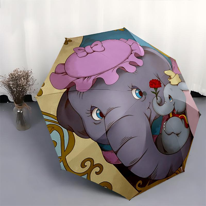 Dumbo, Mother-and-Baby Elephant Automatic Opening and Closing Umbrella - 8 Ribs Portable Folding Umbrella with Plastic Handle, Suitable for