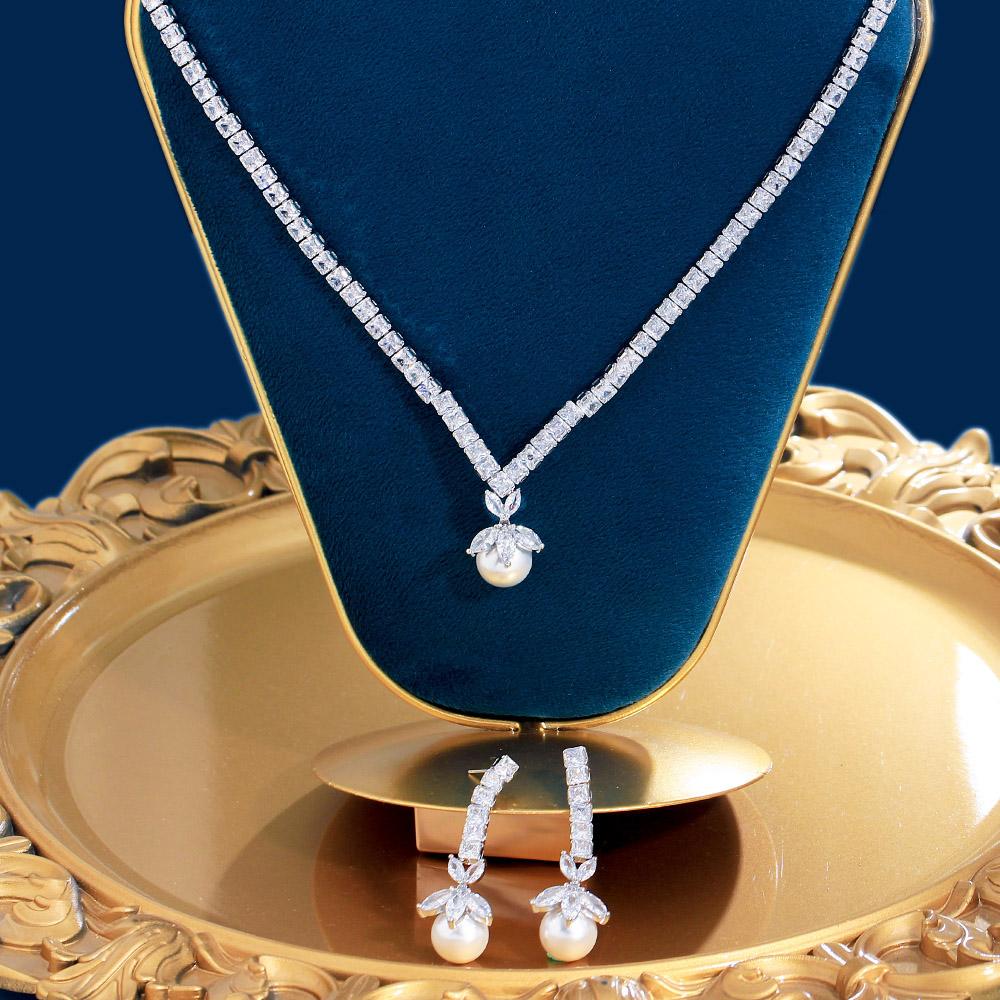 CMM Элегантные висячие серьги с белым фианитом, женское праздничное ожерелье, серьги, комплект ювелирных изделий из искусственного жемчуга
