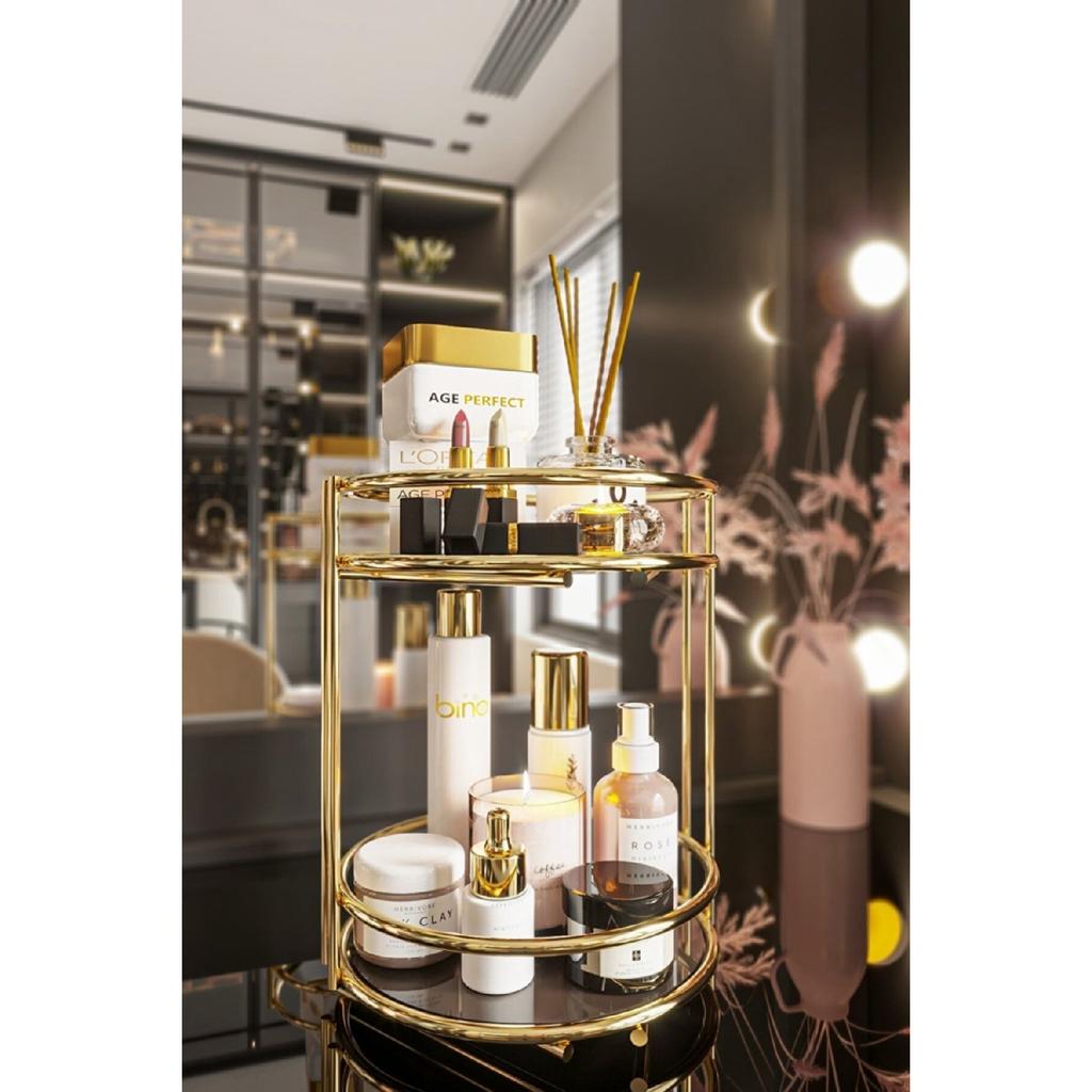 Bathroom Cosmetic Jewelry Organizer Multi-purpose Organizer 2-tier Serving Presentation Tray Treat Holder Gold
