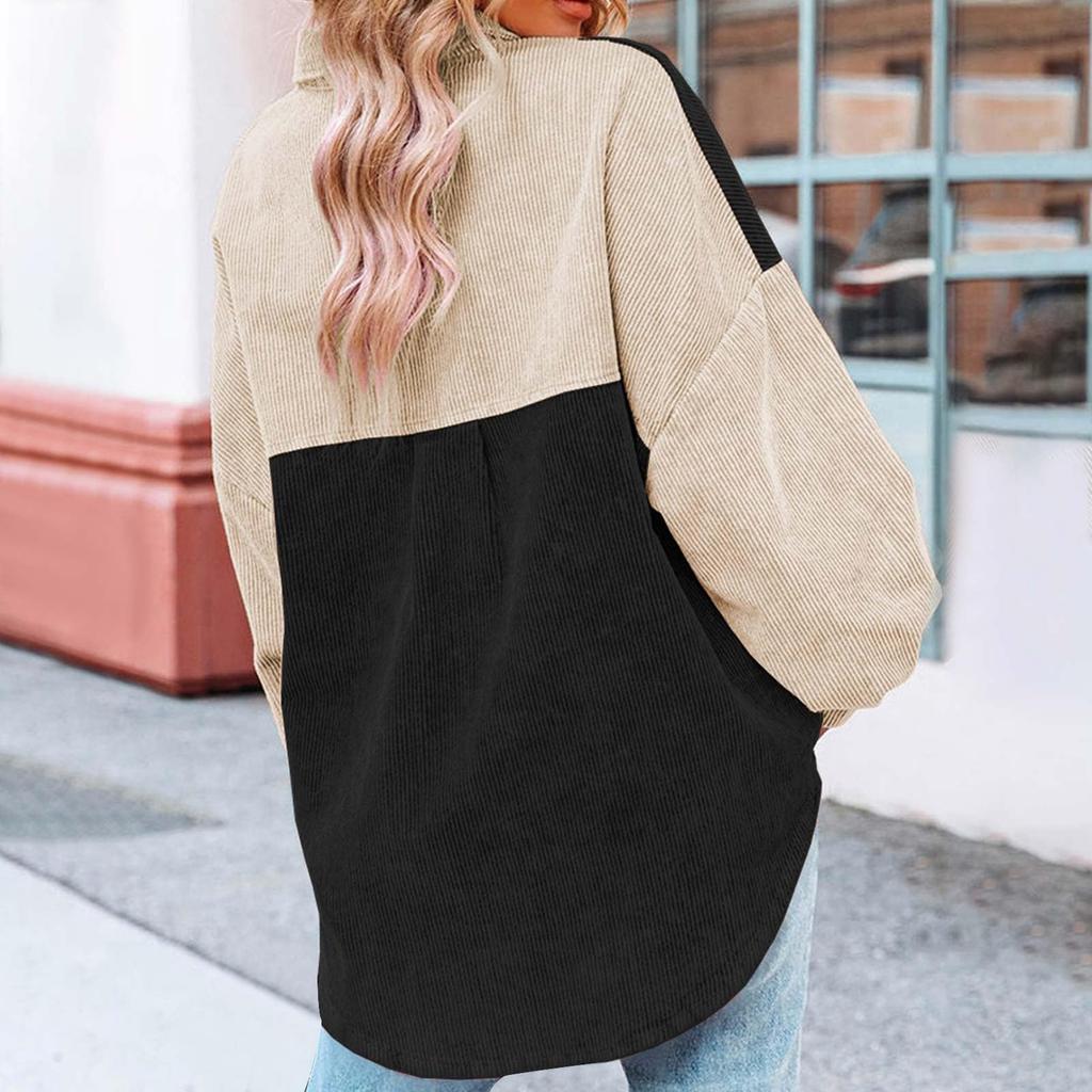 Женская вельветовая рубашка на пуговицах с цветными блоками, вельветовая куртка с длинными рукавами