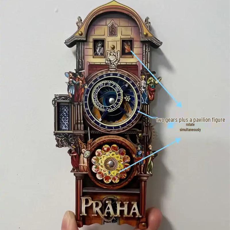 Пражские астрономические часы 3D деревянный магнит с вращающимися шестеренками - Чешский сувенир
