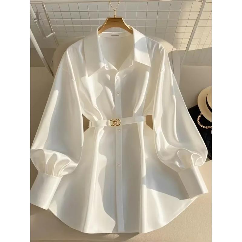 Осенняя мода Блузки Женская одежда Французская роскошь Стиль зрелых Рубашка Длинный рукав Талия Тонкий пояс Белая рубашка Женские топы