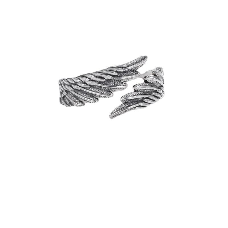 Винтажное Окисленное Кольцо из Тайского Серебра в Виде Крыльев Ангела – Креативный Дизайн с Перьями для Мужчин и Женщин