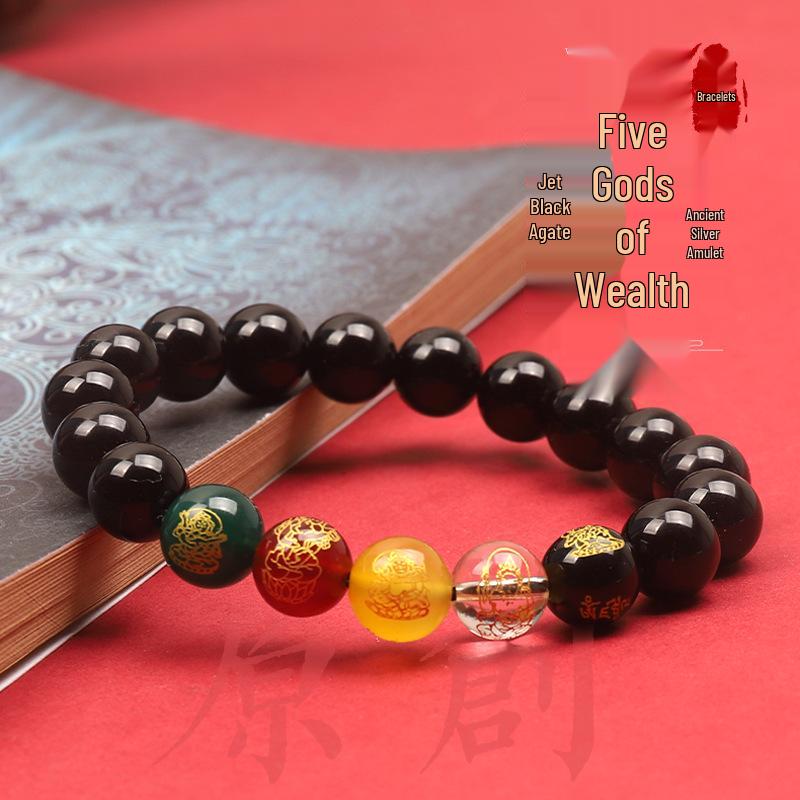 Five Gods of Wealth Classic Black Agate Bracelet - Unisex Buddhist Bead Single-Loop for Benmingnian